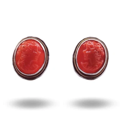 Orecchini Argento925 corallo rosso inciso a mano Gioiello artigianale Vintage - Immagine 1 di 4