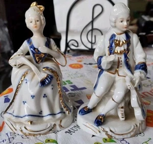 Vintage Porcelain Ardco Figurine Victorian Lady W/ Fan & Man 5.5"h White Blue - Picture 1 of 9