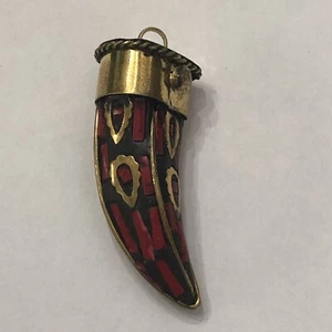 Nepal Brass Inlay Coral Tooth Pendant - Picture 1 of 7