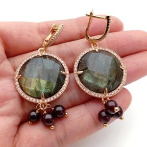 Natural Stone Drop Earrings Labradorite Garnet Dangle Earring Gems Stone Jewelry - Picture 1 of 6