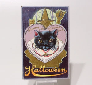 Halloween Black Cat Witch Broom Heart Witching Hour Emboss Gold Jackson Postcard - Picture 1 of 5
