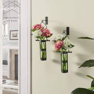 Vaso de flores decorativo DANYA B pendurado suporte de parede metal rústico decoração preta conjunto com 2 - Imagem 1 de 4