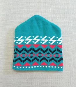 Vintage 80's Beanie Hat Toboggan Made in USA Teal Blue With Geometric Pattern - Picture 1 of 12