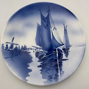 Vintage Blue White Delft Style Nautical Sailing Ship Windmill 12" Plate Germany - Picture 1 of 5
