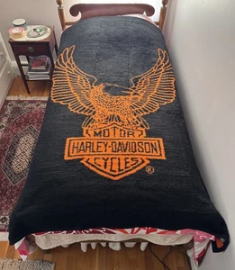 BIEDERLACK Harley Davidson Cycles Eagle Orange Black Fleece Throw Blanket 78x60” - Picture 1 of 9