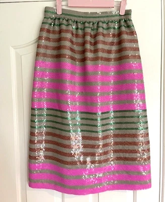 Falda de Fiesta J Crew Lentejuelas Rayas Recta Midi Rosa Verde Marrón 6 Preppy Retro Foto 1 de 4
