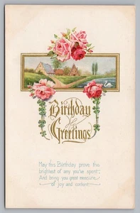 Postcard Birthday Greetings Embossed Roses Country Scene Unposted with Message - Picture 1 of 2