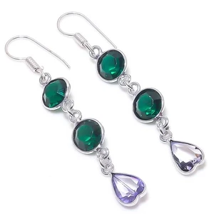 Chrome Diopside, Amethyst Gemstone 925 Sterling Silver Gift Earring 2.44" c463 - Picture 1 of 3