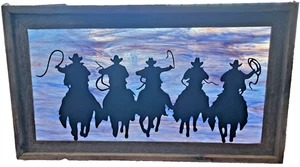 Schlacke Glas Fenster Rahmen Panel Metall Western Cowboys Pferde Silhouette 27x14 - Bild 1 von 11