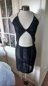 BNWT Pretty Little Things Black Fine Knit Stretchy Cut-out Dress Size L About 14 - Picture 1 of 4