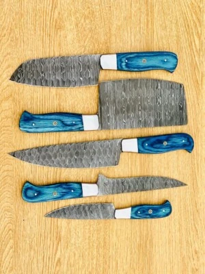 CUSTOM DAMASCUS STEEL 5 PCS forged  CHEF KNIFE SET WITH LEATHER ROLL BAG - Image 1 of 4