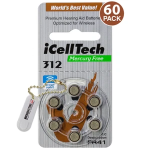 iCellTech Size 312 1.45V Hearing Aid Batteries + Battery Keychain (60 Pack)