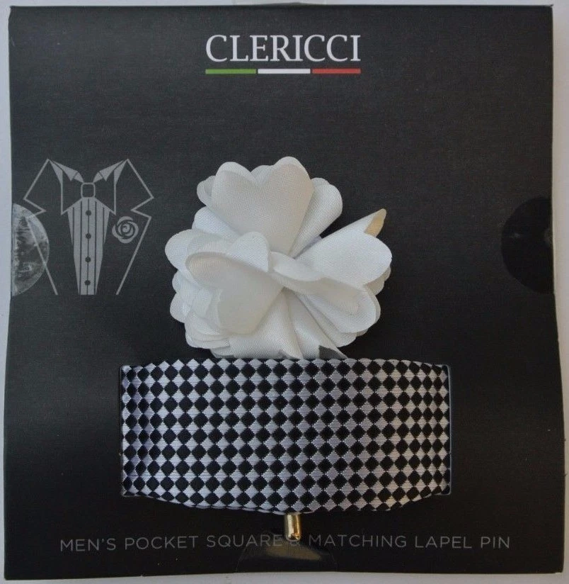 Geometric Black, Silver, White Flower Lapel Pin and Hanky Set - Image 1 of 1