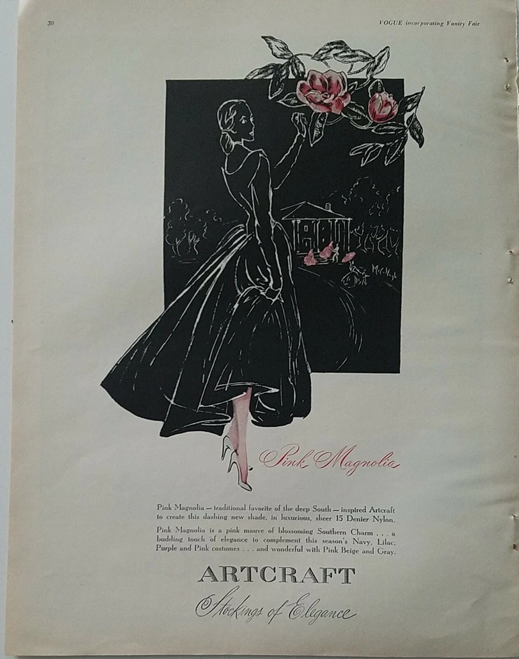 1948 Artcraft women's stockings hosiery nylons Pink Magnolia  fashion art ad Foto 1 de 1