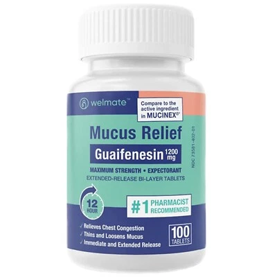 WELMATE Mucus Relief | Guaifenesin 1200mg | 100 Ct Exp 6/27 (Generic Mucinex) - Image 1 of 4