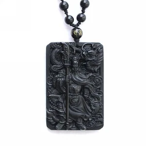 Natural black obsidian Guan Gong dragon Necklace Hold broadsword Pendant bead - Picture 1 of 6