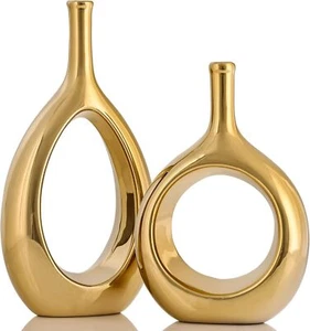Gold Vase Glossy Ceramic Set of 2 Home Office Decoration Flowers Christmas Gift - Picture 1 of 7