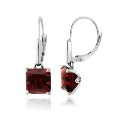 925 Silver Lab Created Ruby Square Leverback Earrings - Image 1 of 4