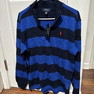 Polo Ralph Lauren 1/4 Zip Pullover Men's Cotton Lightweight BLUE &BLACK striped - Picture 1 of 8