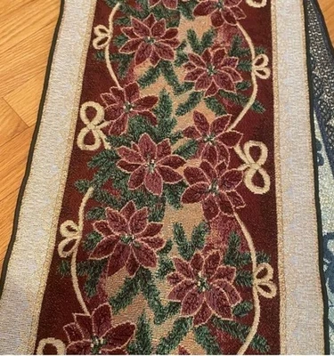 New Table Runner Christmas Poinsettia Ribbon Tapestry Gold Thread - Image 1 of 2