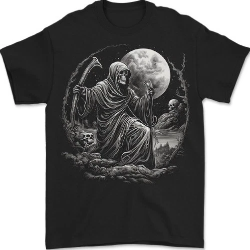 Sensenmann Mit Vollmond Und Totenköpfen Herren T-Shirt 100% Baumwolle - Bild 1 von 1