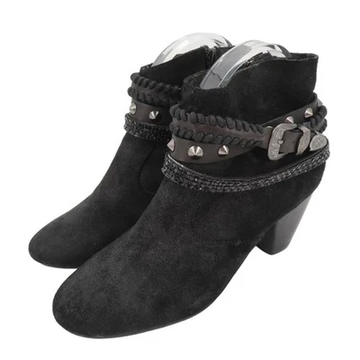 Aldo 女式 8 黑色麂皮绒皮革扣钉带西部牛仔踝靴 — 第 1/4 张图片