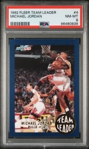 1992 FLEER TEAM LEADER #4 MICHAEL JORDAN PSA 8 NM-MT THE GOAT HOF BULLS MJ - Foto 1 di 2