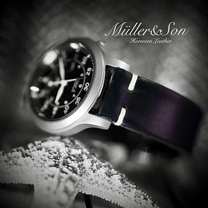 Correa de reloj Müller&Son de cuero genuino Horween 18 mm negra - estilo "orejas de perro" - Imagen 1 de 1