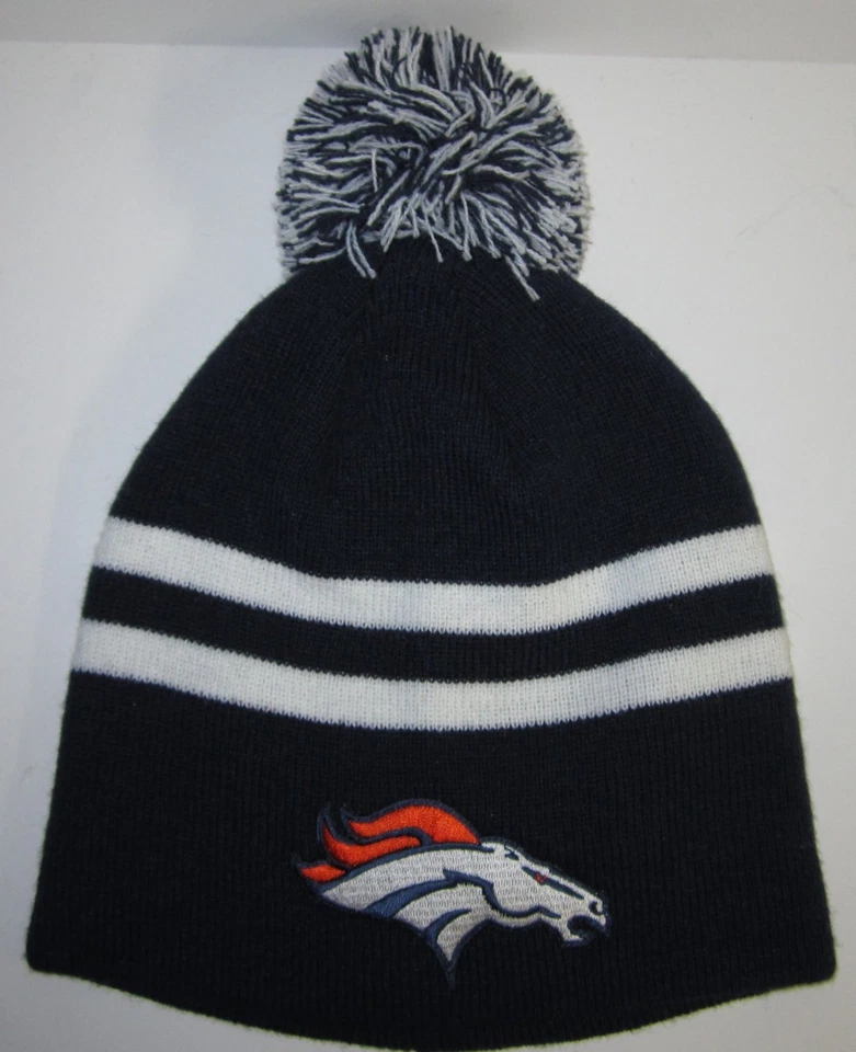 Denver Broncos Pom Gorro ~ Gorra de punto ~ Sombrero ~ Parche/Logotipo clásico de la NFL ~ Lo último ~ NUEVO Foto 1 de 1