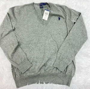 Ralph Lauren Sweater Womens Medium, fawn Grey, 100% Cotton V-Neck NEW - Picture 1 of 7