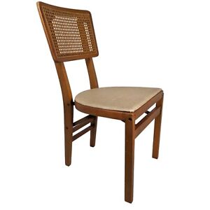 Stakmore Co Folding Chair Cane Back Wood Frame Tan Vinyl Padded Seat Boho Vtg