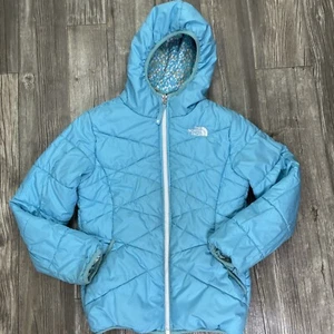 North Face Jacket Girls M Full Zip Reversible Hooded Puffer Jacket Floral Blue - Picture 1 of 13