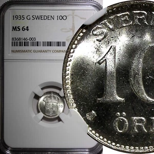 SWEDEN Gustaf V Silver 1935 G 10 Öre NGC MS64  KM# 780 (003) - Picture 1 of 5