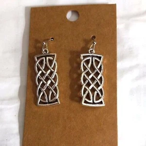 Silver Tone Earrings Rectangle 1.75 Inch Drop Celtic Look Filigree Design - Picture 1 of 4