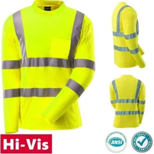 Hi Vis ANSI Class 3 Reflective Safety Lime Long Sleeve T Shirts High Visibility - Picture 1 of 11