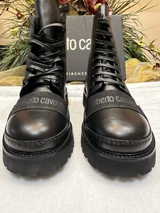NIB ROBERTO CAVALLI BLACK LEATHER LOGO LACE UP COMBAT BOOTS 44.5 ITALY - Picture 1 of 6