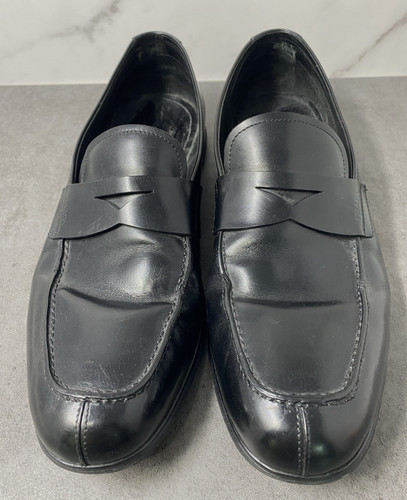 Mocassini eleganti Prada da uomo in pelle punta quadrata slip on penny neri taglia 11 US