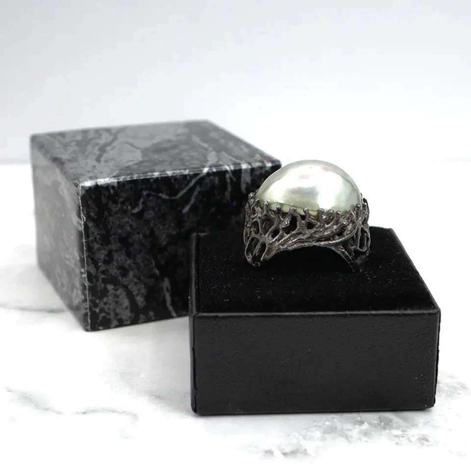 VENDOME Silver Antiqued Faux Silver Pearl Brutalist Adjustable Ring - Image 1 of 4