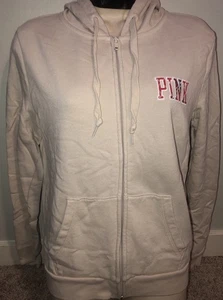 Beige Full Zip Plaid Logo Back Hoodie Victorias Secret PINK Sz Small - Picture 1 of 7