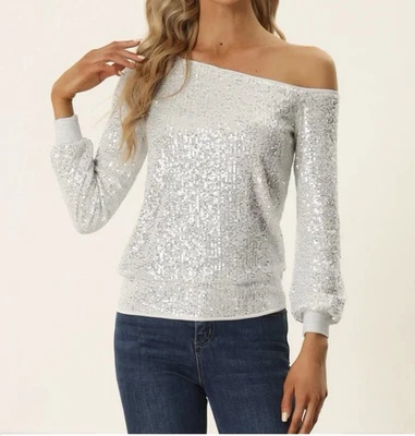Allegra K Silver Sequin Off Shoulder Long Sleeve Sparkly Party Top XL NWT - Image 1 of 4