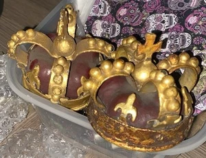 1700-1800s Pair Fluer de Lys GB UK Royal Family Metal Crown Gilt Finial Antique - Picture 1 of 13