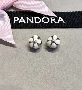 Genuine X2 Pandora Silver Darling Daisy Clips White Enamel 791259EN12 Fab Con - Picture 1 of 7