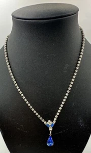 16 Zoll Silberfarbene Antik Stil Art Deco Vintage Strass Blau Kristall Halskette - Bild 1 von 7