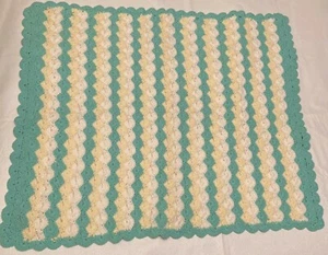 Vintage Mint yellow White Striped Crocheted Baby Blanket Afghan 33" x 28". - Picture 1 of 4