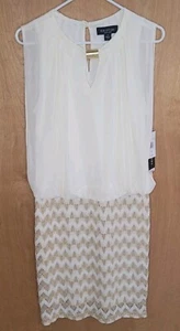Vestido Perceptions New York Sin Mangas Marfil Dorado Chevron Hasta la Rodilla Transparente Talla 8 - Imagen 1 de 6