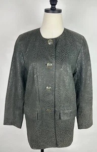 Vintage 80s Leather Blazer Womens Small Olive Green Textured Jacket Unique Retro - Picture 1 of 15