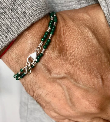 Pulsera envolvente de plata esterlina 925 vintage cuentas malaquita verde eilat hombres Foto 1 de 4
