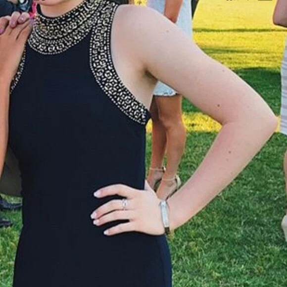 Vestido formal de graduación, con cuentas, lentejuelas doradas, espalda abierta, azul marino, talla 1, Blondie Nites Foto 1 de 4