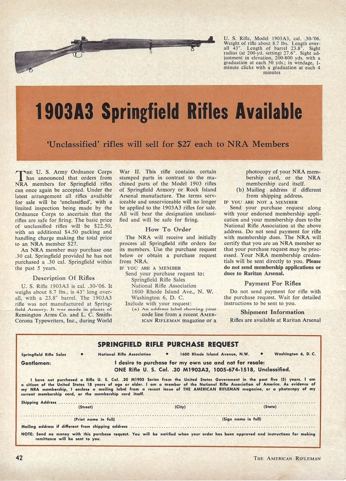 1958 NRA 1903A3 Springfield Rifles Available Members Vintage Mag Print Ad/Poster - Image 1 of 1