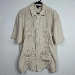 Lands' End Shirt Mens M Beige Linen Short Sleeve Embroidered Guayabera Coastal - Picture 1 of 8